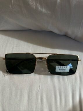 Vogue Eyewear- Polarized Rectangular Sunglasses in Gold with Dark Green Lenses